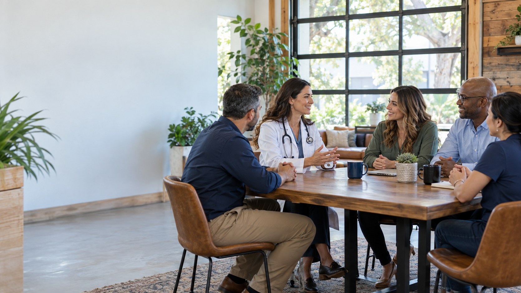 A small-business team discussing employee wellness with a primary-care physician
