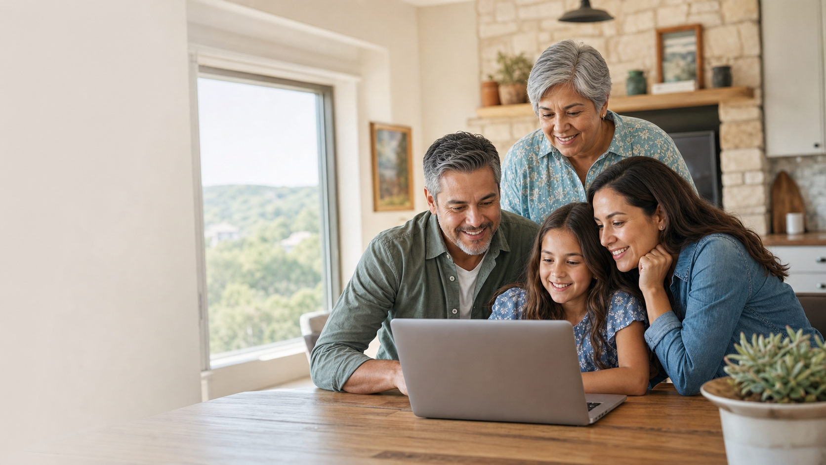 Multigenerational family standing around a laptop and enjoying researching healthcare information together